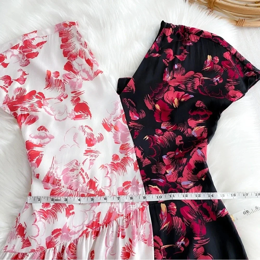 Lewit Double Print Floral Stretch Silk Midi Dress Asymmetrical Plunge V-Neck 4